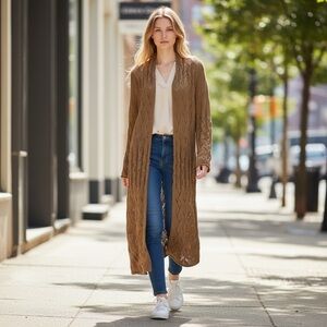 Garnett Hill Wool Alpaca Long Knit Cardigan Duster Camel Taupe Tan M